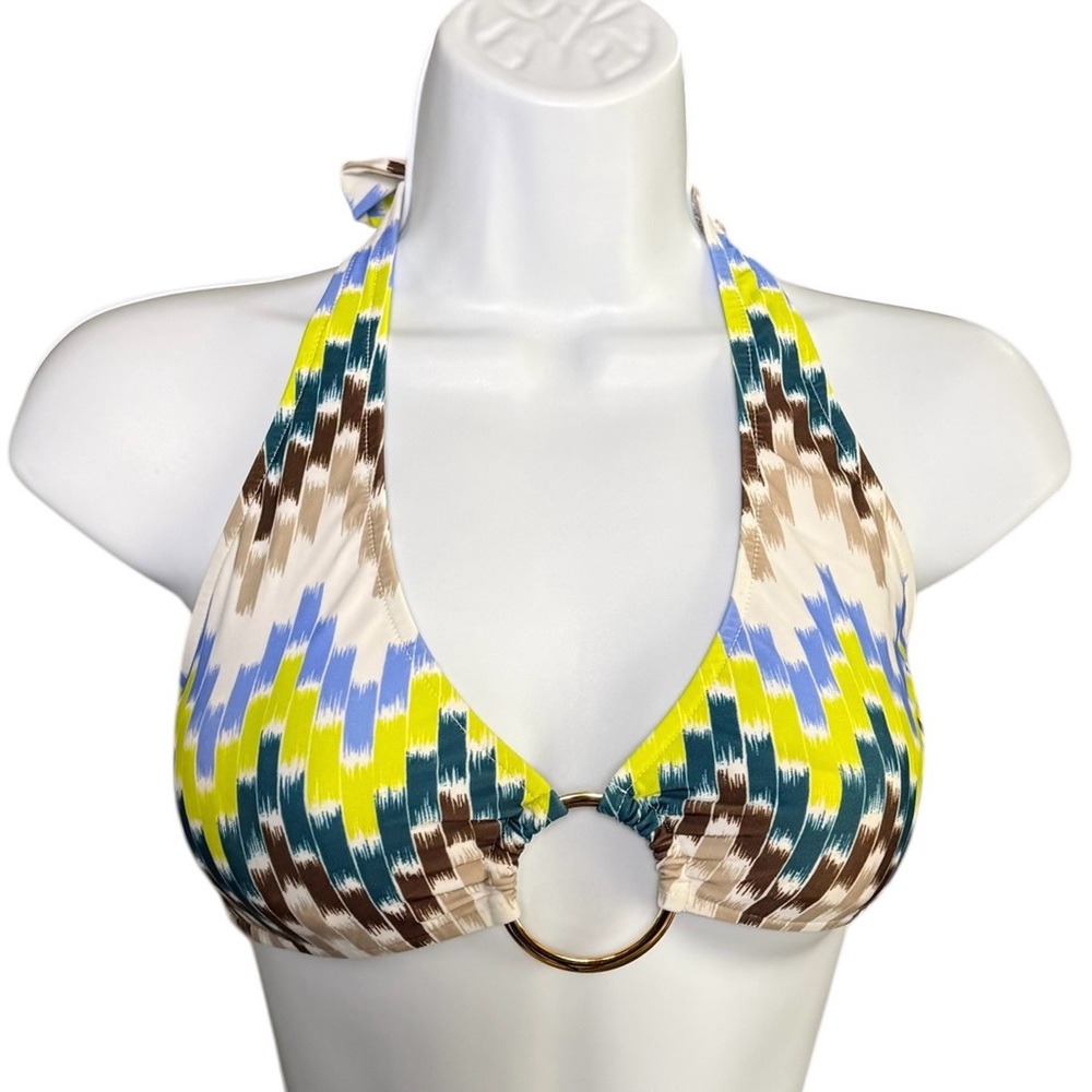 Milly Cabana Ring Halter Bikini Top - Multi-Color Ikat Sz Med Swimwear